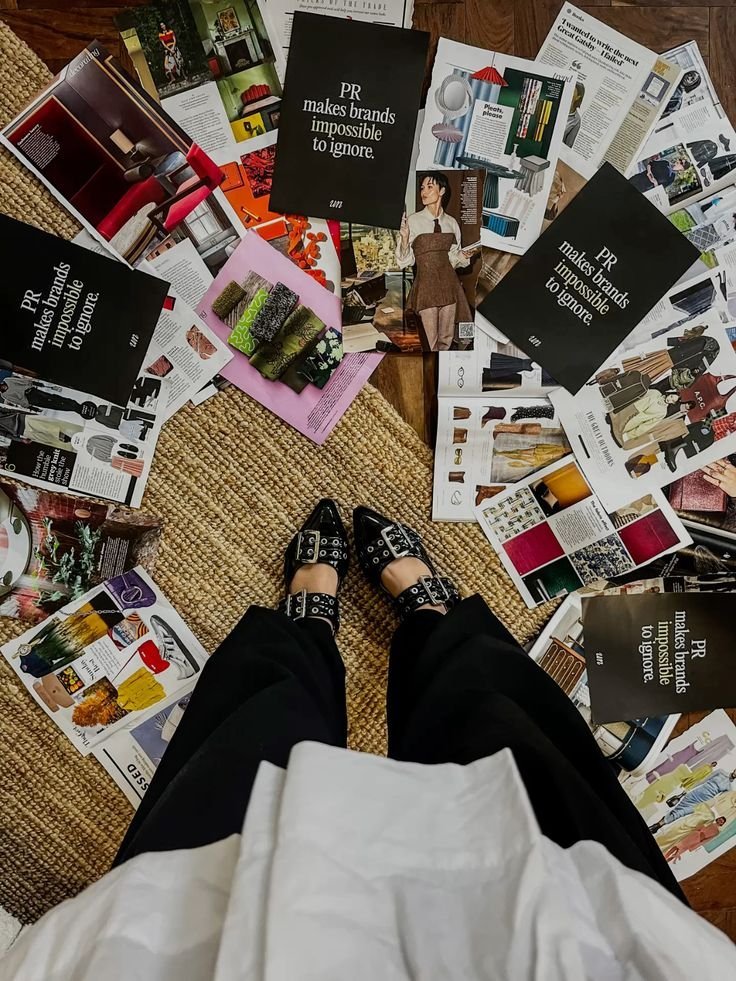 Magazines and printed pages spread on a rug around a pair of shoes